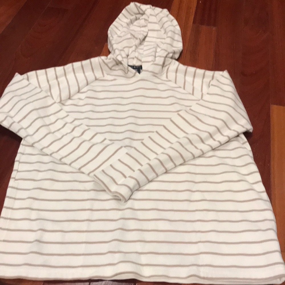 Striped Hooded Pullover - White with Light Taupe Stripes